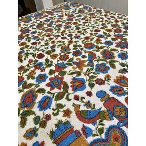 Vintage Folk Art Terry Cloth Tablecloth Floral Birds Kitchen 74x61 Retro Boho
